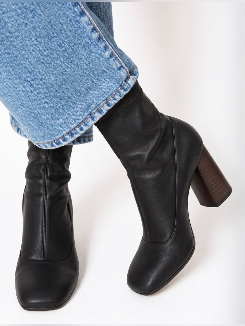 Stylenanda Black Sock Ankle Boots Square Toe Chunky Block Heel Size 7.5 New